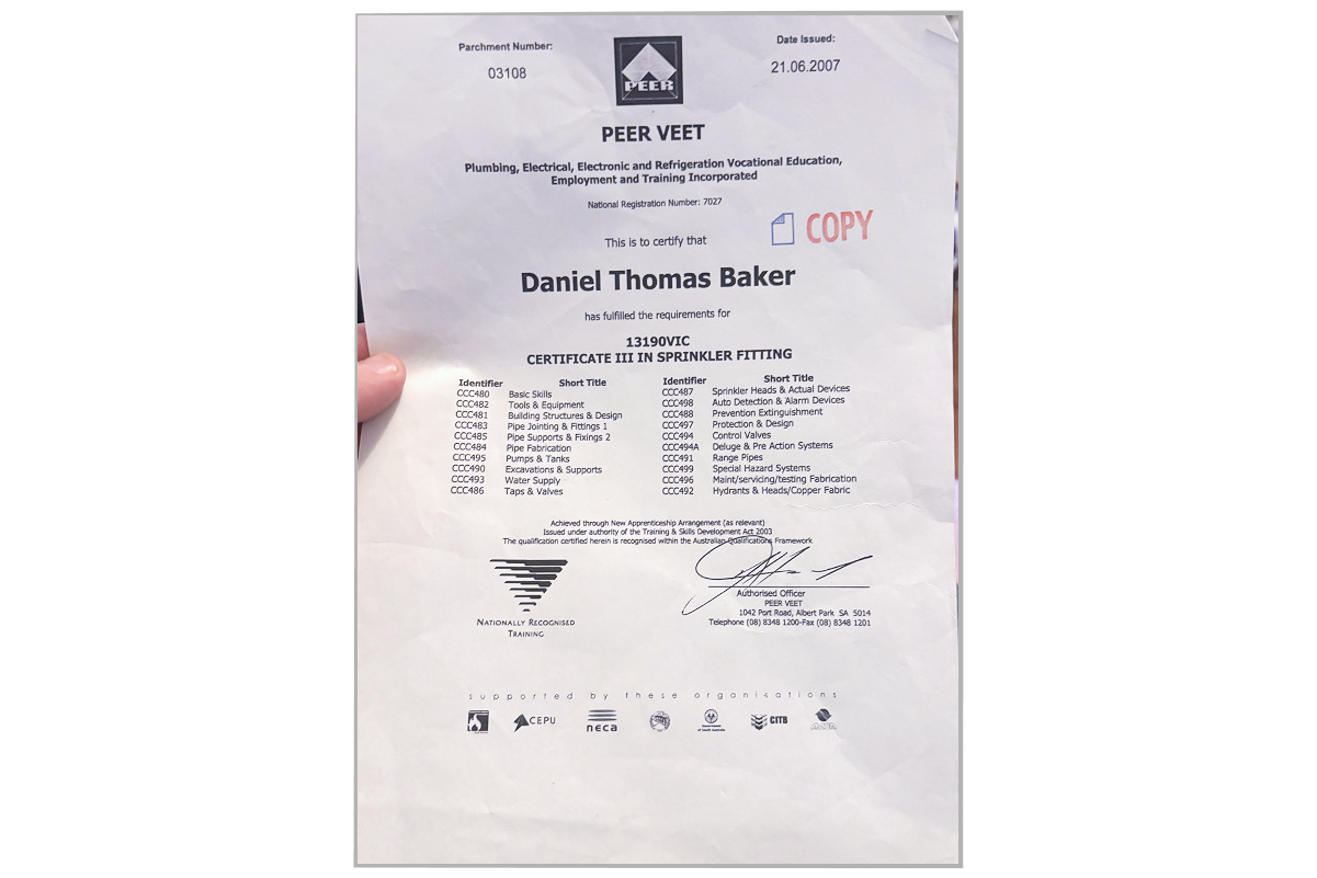Certificate III in Sprinkler Fitting